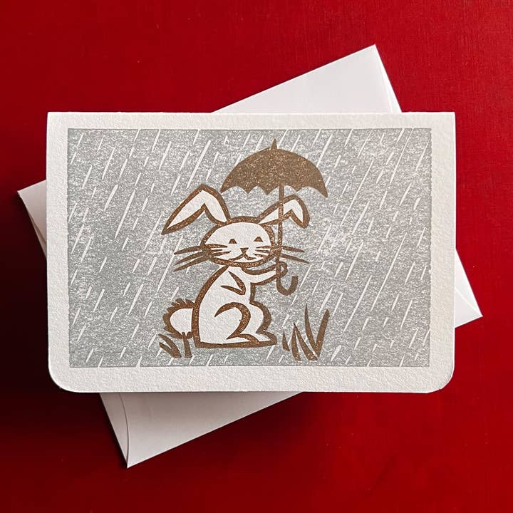 Rain Bunny Letterpress-Printed Greeting Card for wholesale by 12 Acre Studio