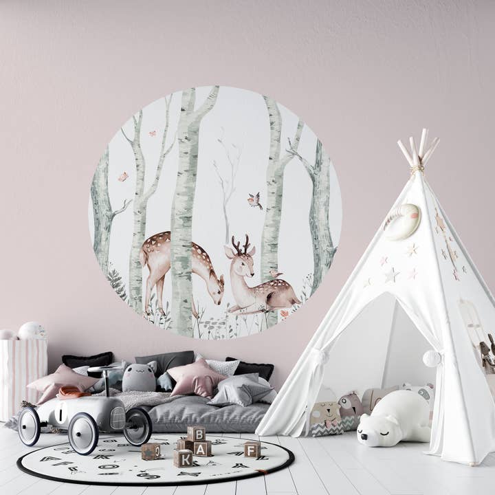 Papier peint Cercle - CERF DANS LA FORÊT - Papier peint avec des animaux pour la vente par Walloha