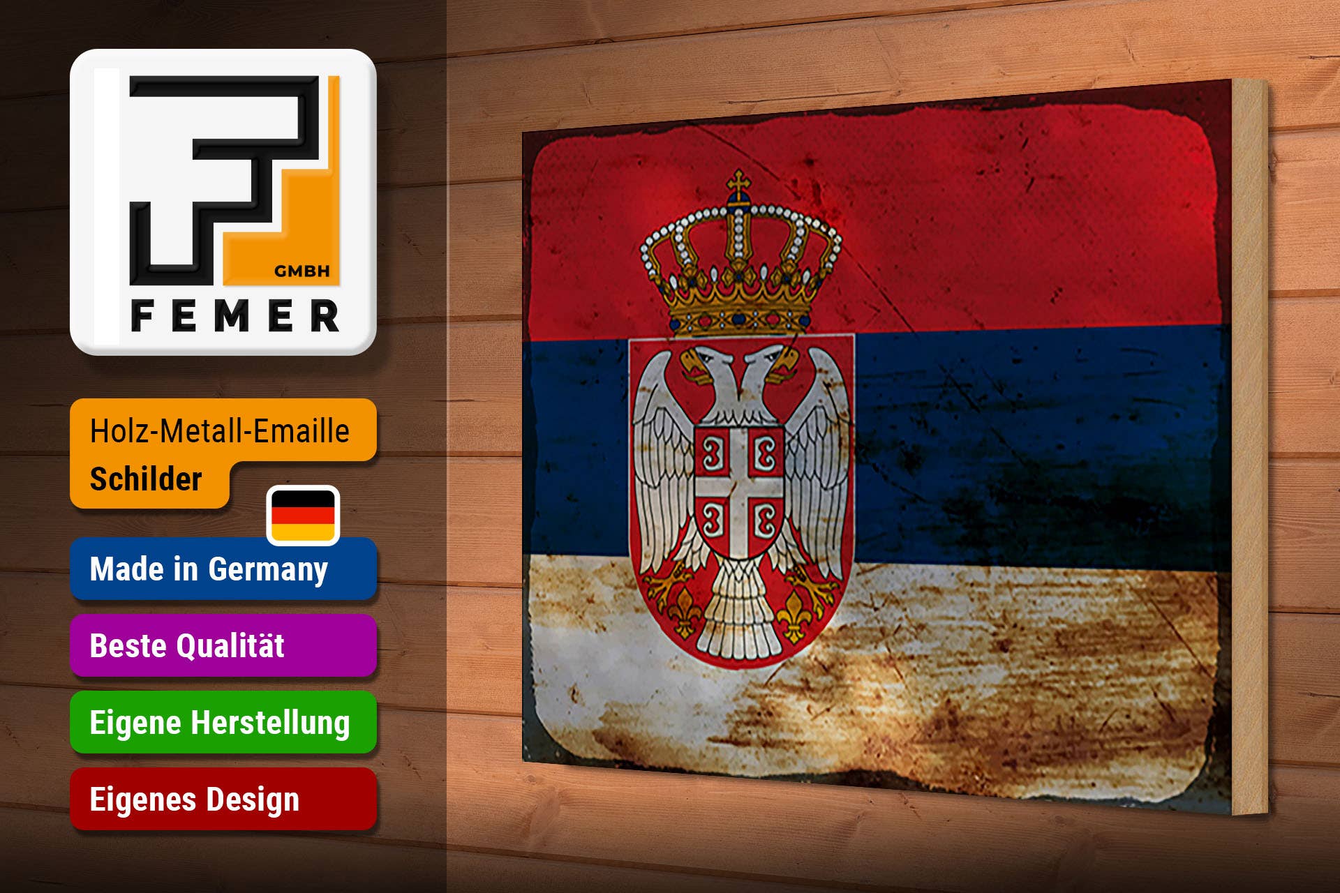Femer - Wholesale Sign - Flag of Serbia Rust Wooden Sign 30x20cm2
