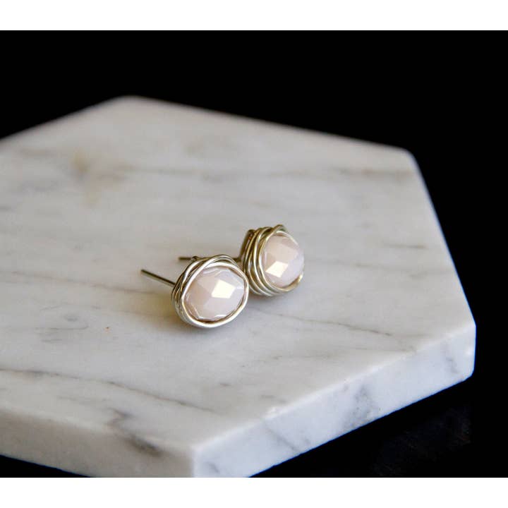 Creamy Sparkly Earrings Wire Wrapped In Silver - Stud Earrin for wholesale by The Jovi Lyne Collection