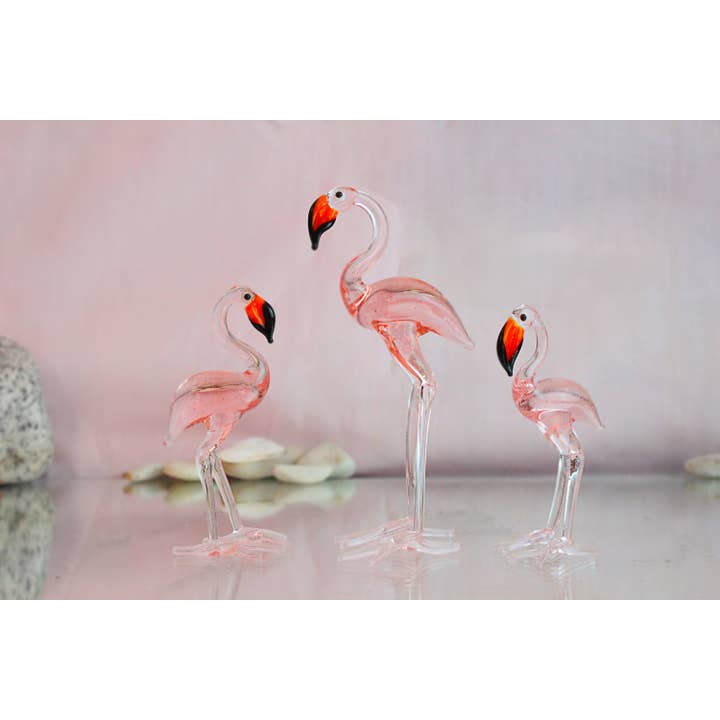 Adamodart - Wholesale Sculpture - Glass pink Flamingo sculpture set, lampwork miniature bird1