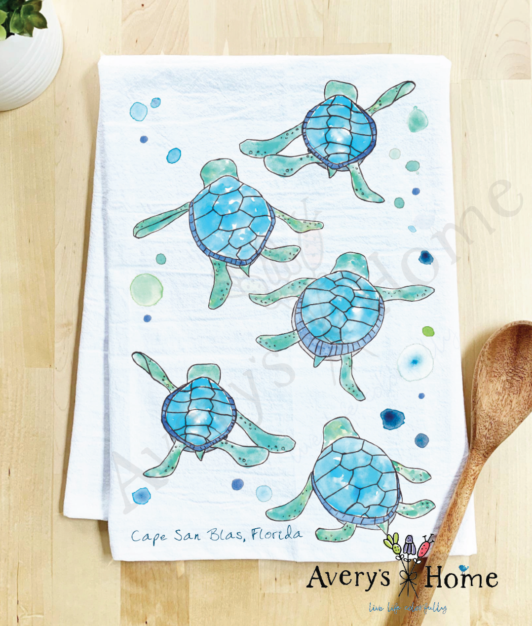 Avery's Home - Vente Torchons - Serviette de cuisine personnalisable avec adorables bébés tortues marchant sur la côte52