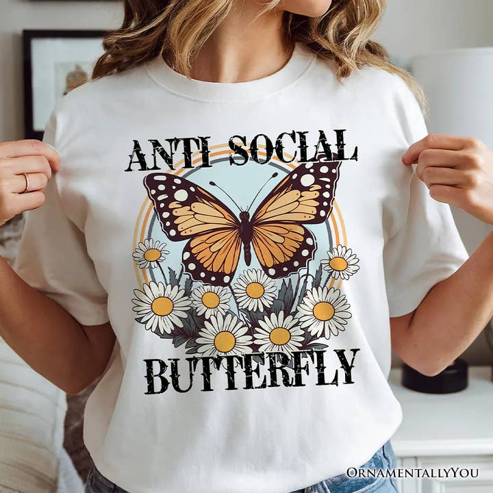 OrnamentallyYou - Wholesale Screen Printed T-Shirt - Unisex - Anti Social Butterfly T-Shirt, Retro White and Natural Tee