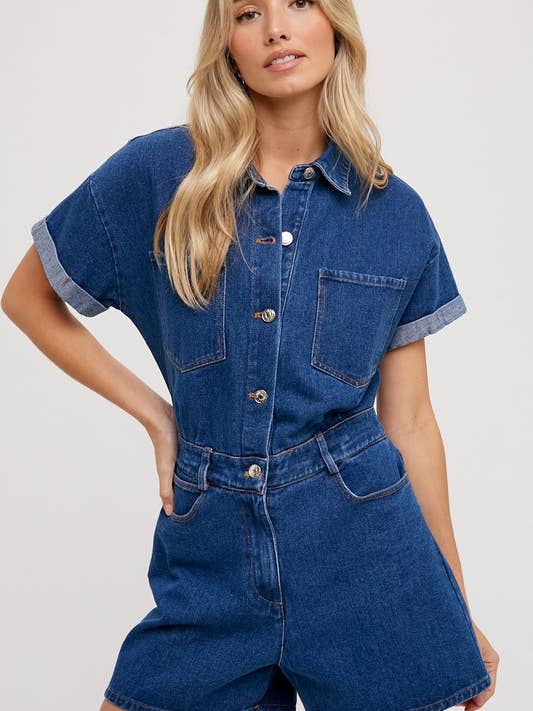 Denim Button Down Shirt Romper for wholesale by Vanilla Monkey