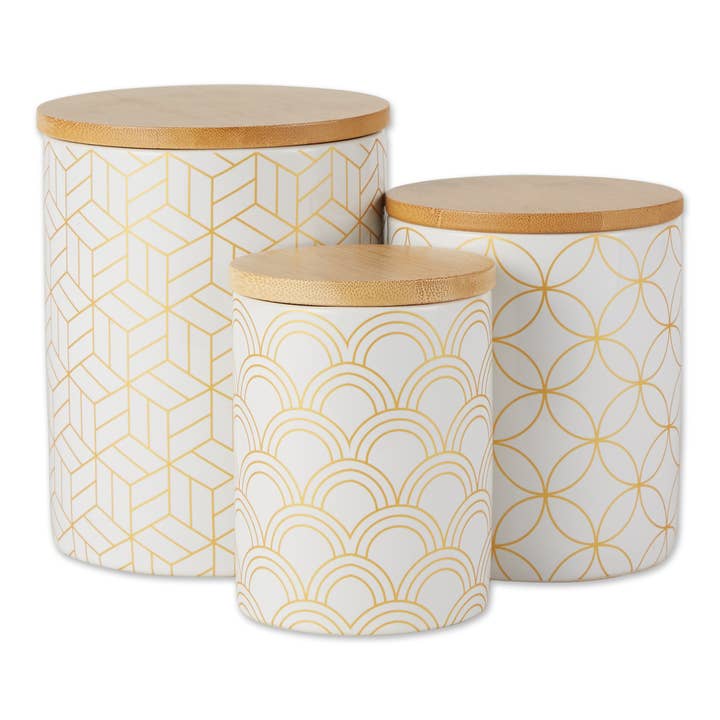 White And Gold Mi x ed Print Ceramic Canister Set of 3 for wholesale by Welcome Home Unbeatable Deals