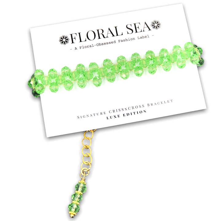 ❁FLORAL SEA❁ Signature CRISSxCROSS Bracelet in Pastel Green Dahlias: Luxe Edition for wholesale by FLORAL SEA