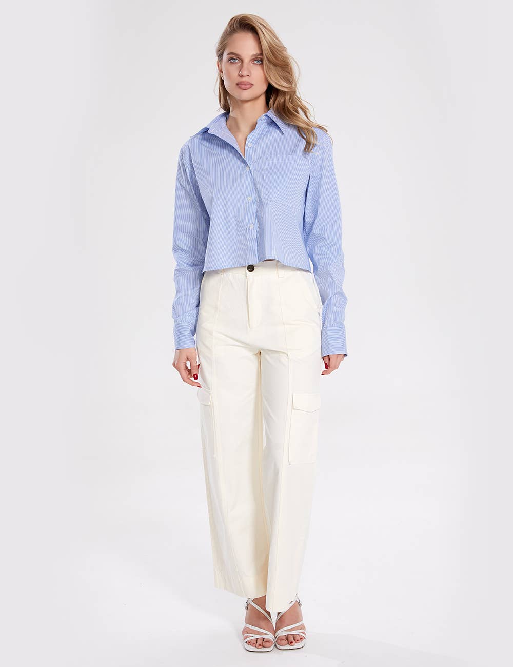 Bleu Chemise courte rayée à manches longues pour femmes SKT270 en vente sur Faire6