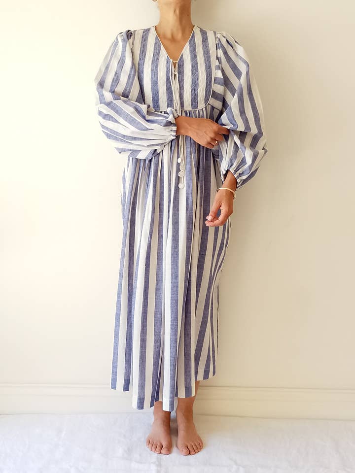 Cotton Conscious - Wholesale Dress - Women's - Organic Cotton Quilted Maxi Dress – Blue Striped, Pockets, 9