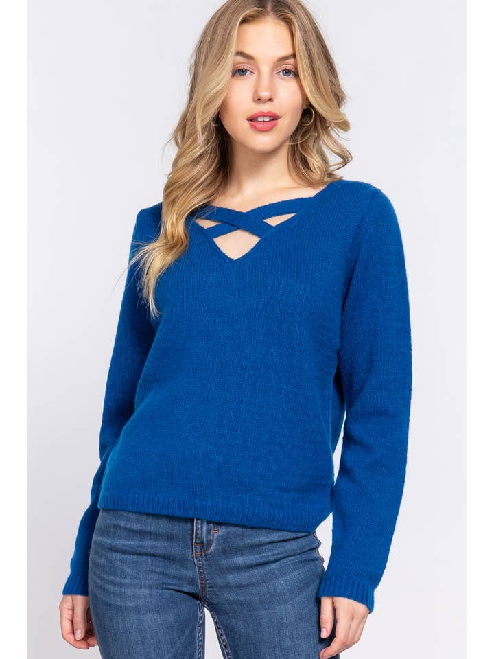 Active Basic | Active USA - Wholesale Knit Sweater - Women's - Long Sleeve V-neck With X Strap Sweater5