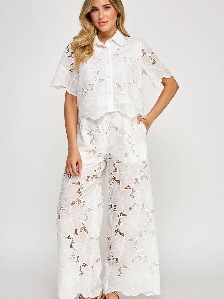 Ellison - Wholesale Pants - Women's - TP-10274-6 FLORAL LACE WIDE-LEG PANTS OFF WHITE