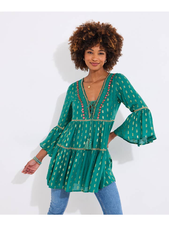 Green Festival Vibes Beaded Tunic Dress for wholesale on Faire