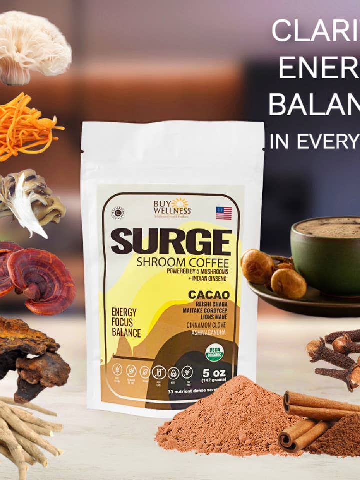 SURGE Organic Coffee Substitute 5 Mushroom & Cacao Superfood for wholesale by Buy Wellness