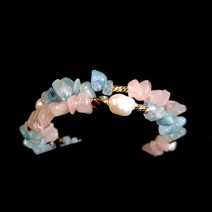 Pulsera Calme Céleste Acero, Aguamarina, Cuarzo Rosa para venta al por mayor de Pompon La Tulipe