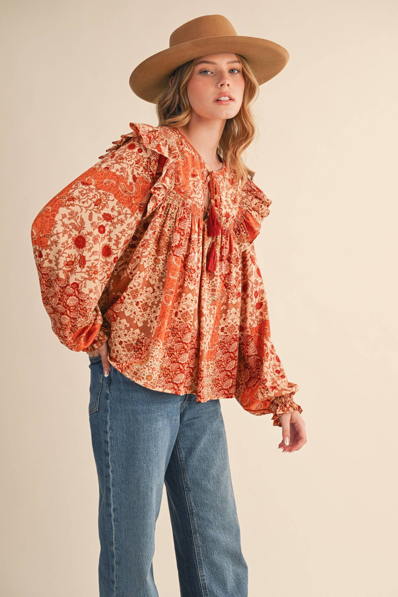 &MERCI - Wholesale Blouse - Women's - PATCHWORK PRINT SMOCKED RUFFLE BLOUSE MTP435012