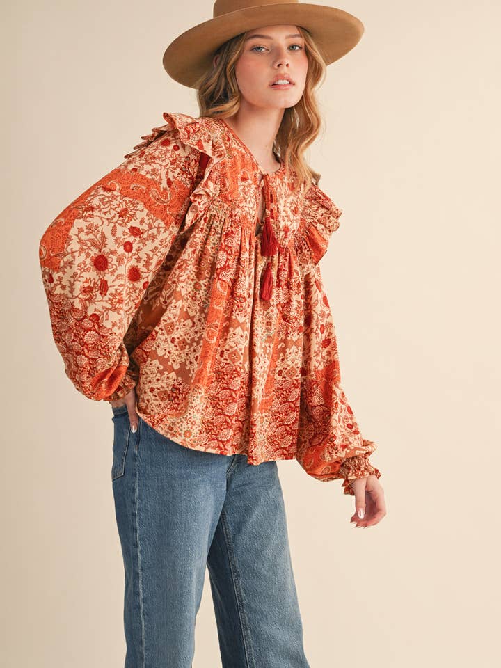 &MERCI - Wholesale Blouse - Women's - PATCHWORK PRINT SMOCKED RUFFLE BLOUSE MTP435012