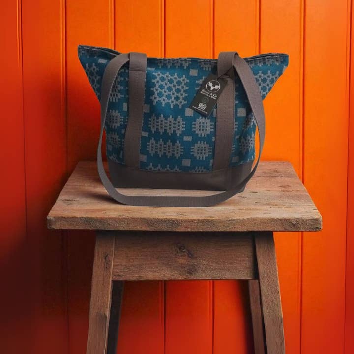 Teal Welsh tapestry blanket design Shoulder bags for wholesale by Moose & Co