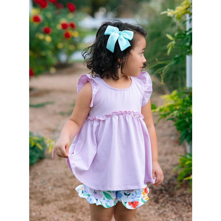Girls Kids Lilac Baby-Doll Top & Fiesta Floral Shorts for wholesale by Millie Loves Lily