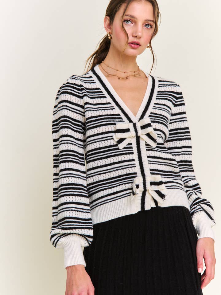 In the Beginning - Wholesale Cardigan - Women's - Beige Stripe Knit Cardigan