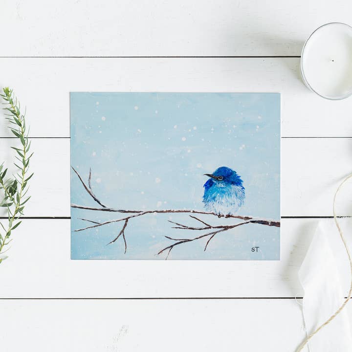 Biglietto di auguri Mountain Bluebird, stampa d'arte non archivistica, biglietto per appunti per la vendita all'ingrosso da parte di Sarah Terrell Illustration & Design