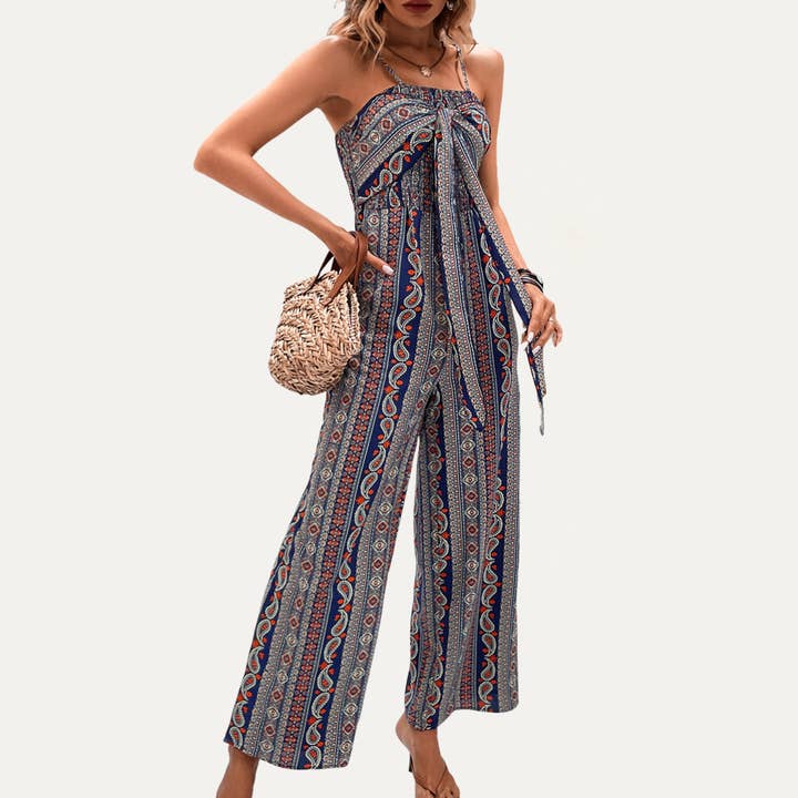 MULTI Bohemian Style Tie-Front Sleeveless Wide-Leg Jumpsuit for wholesale on Faire