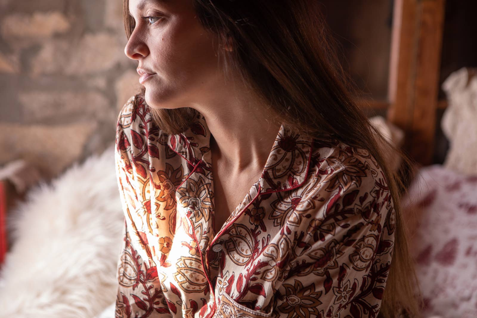 The Fox and The Mermaid - Wholesale Sleepwear Set - Women's - Naturally Dyed Women's Block Printed PJs- 3 Piece Set (Latte2