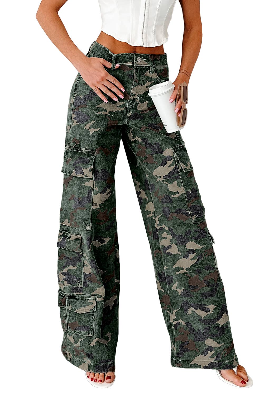 Lovesoft - Vente Pantalon – femme - Pantalon cargo large en denim camouflage vert8