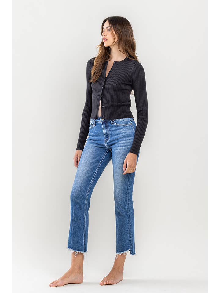 ENCOURAGINGLY HIGH RISE RAW STEP HEM KICK FLARE JEANS T5910 for wholesale on Faire