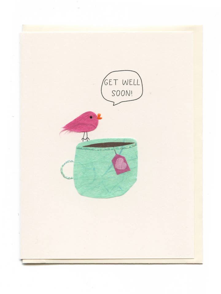 « Get Well Soon » Bird on Teacup pour la vente par FLAUNT HANDMADE CORRESPONDENCES