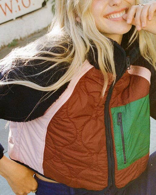 Color Retro Quilted Colorblock Jacket with Green Pocket for wholesale on Faire3