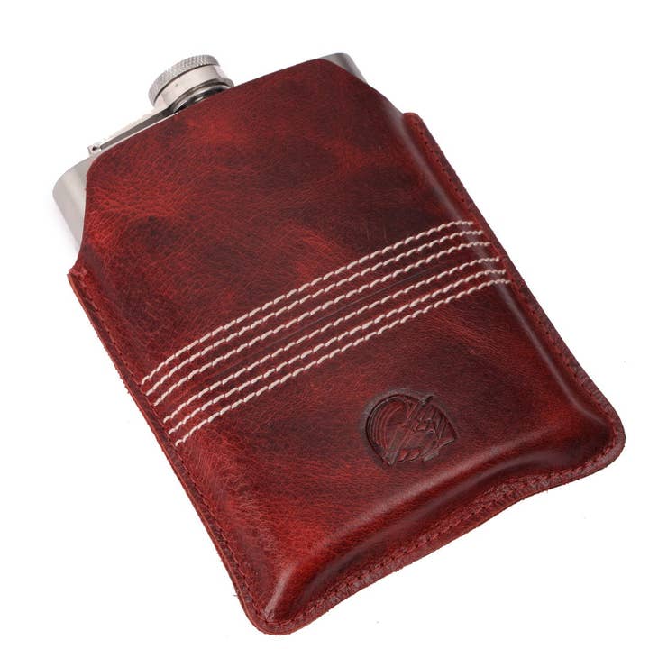 CRICKET-GIFTS - Buffalo Leather Hip Flask | 8oz Capacity | Red Leather Cover | Ideal for Cricket Enthusiasts | Includes Portable Pouch | Unique Cricket Stitching, Multicoloured, Metal for wholesale by SPORTGIFTZ