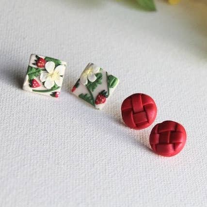 Strawberry Earrings, Stud Pack, Polymer Clay Stud Earrings for wholesale by Studio Niani