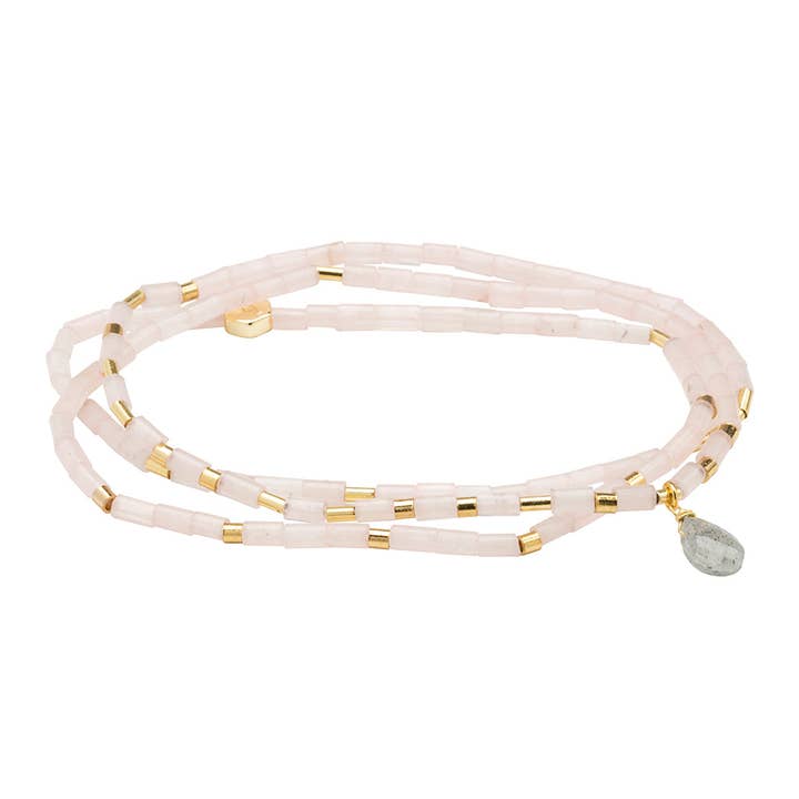 Scout Curated Wears - Wholesale Beaded Bracelet - Teardrop Stone Wrap Rose Quartz/Labradorite/Gold - Love