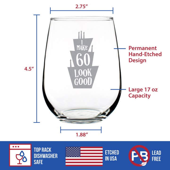 bevvee - Wholesale Wine Glass - Look Good 60 Stemless Wine Glass - 60th Birthday Gifts