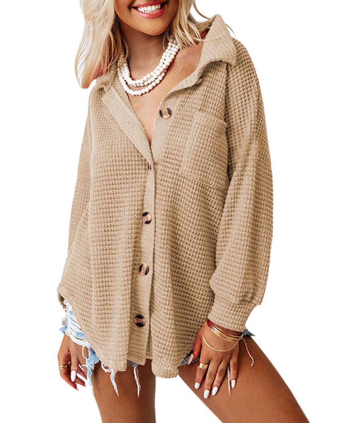 safistyle - Wholesale Button Down Shirt - Women's - Loose Waffle Knit Casual Shirt in Apricot4