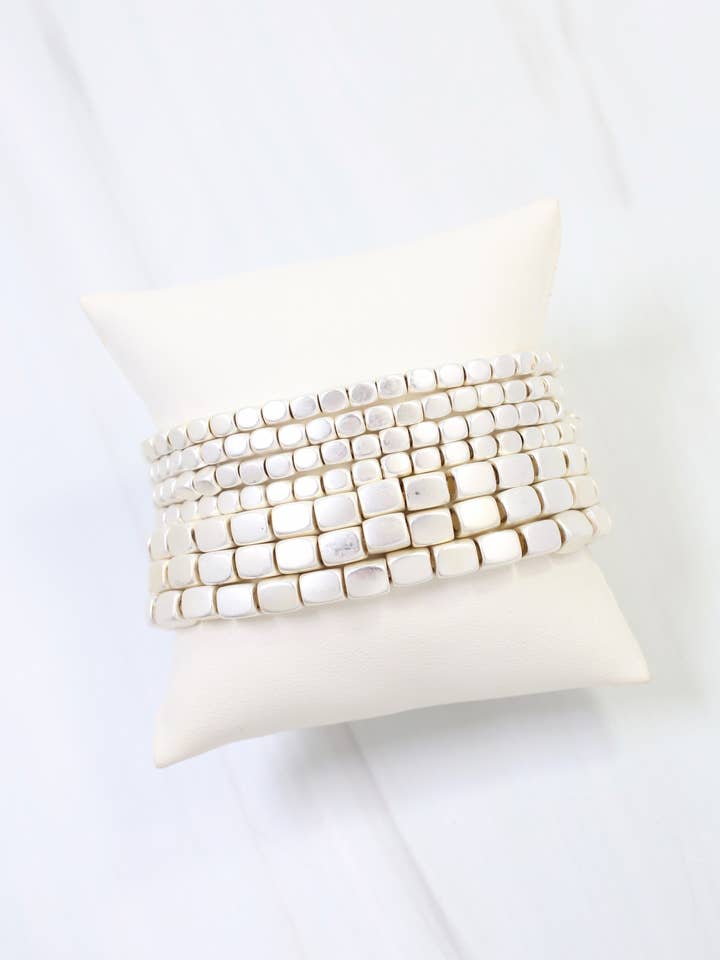 Durham Square Beaded Stretch Bracelet Set Matte Silver for wholesale by Caroline Hill