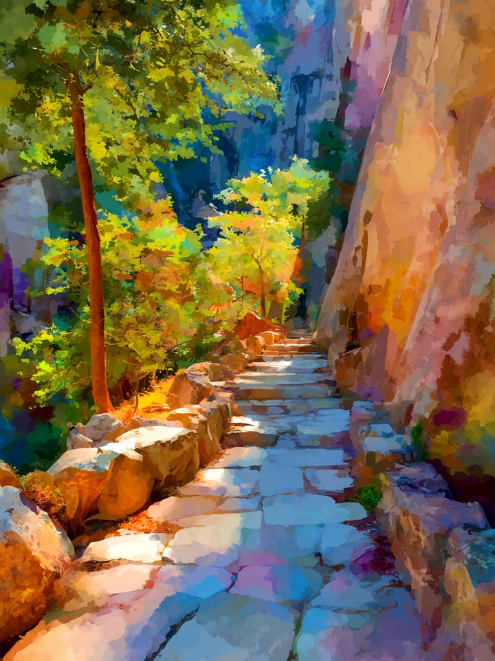 Stampa d'Arte Natura Montagne Sentiero nel Bosco ad Acquerello - Opera d'Arte 8"x10" per Cornice 11"x14" per la vendita all'ingrosso da parte di Mowbi