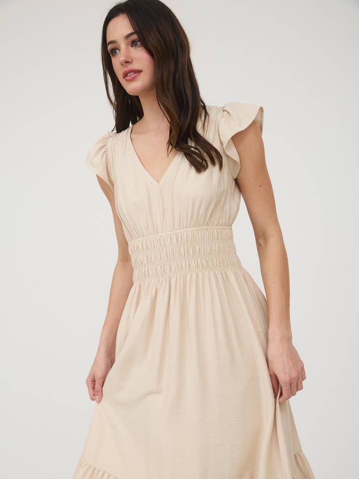 V NECK RUFFLE DETAIL SHIRRED WAIST MIDI DRESS for wholesale by MINE