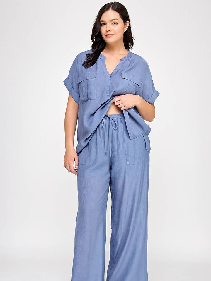 Haute Fox Plus Size & Contemporary - Wholesale Pants - Women's - Plus Size Drawstring Wide Leg Crinkle Pants SS2459P-P