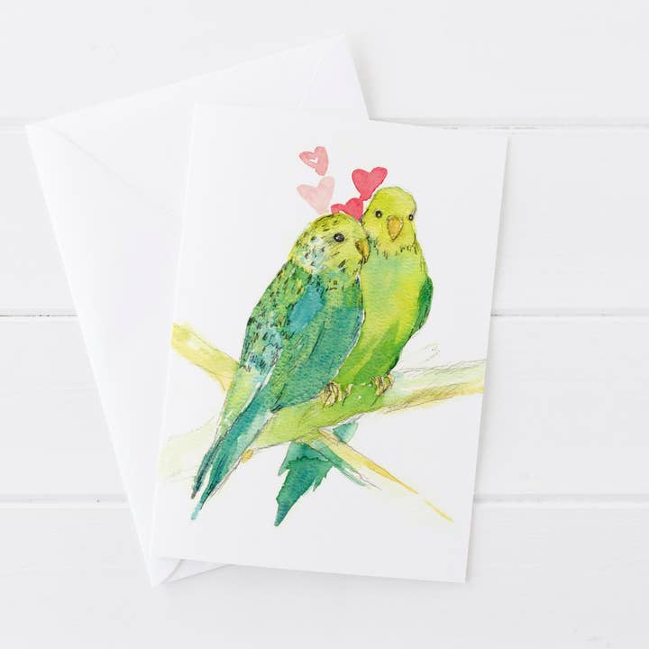 Parakeet Birds Valentine's Day Budgie Greeting Card for wholesale by Rugosa & Pine