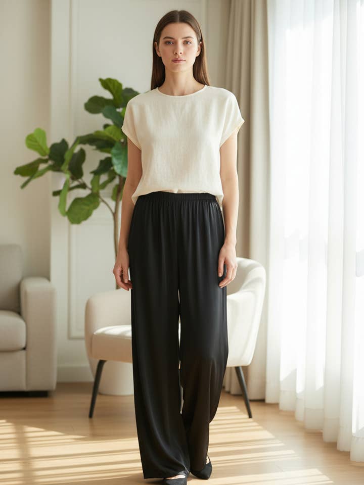 Pantalón fluido ancho cintura elástica longitud 20604 para venta al por mayor de Shyloh