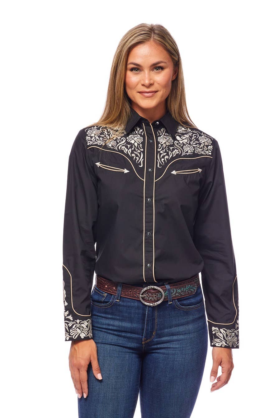 Rodeo Clothing - Vente Chemise à col boutonné – femme - Robe brodée à manches longues d'inspiration western pour femmes32
