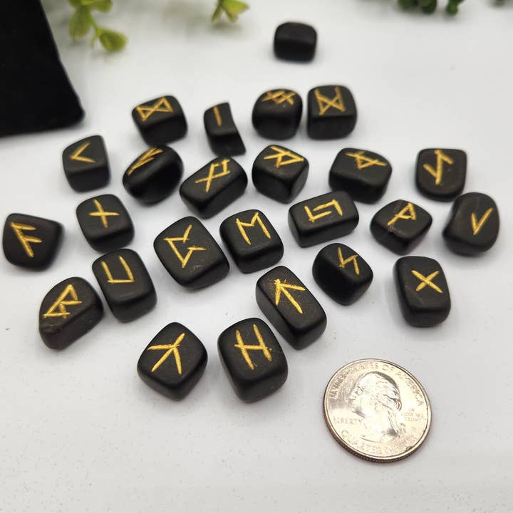 Meraki Gemstones - Wholesale Spiritual Stone/Crystal - Shungite Semi-Precious Gemstone Rune Sets with Velvet Pouch5