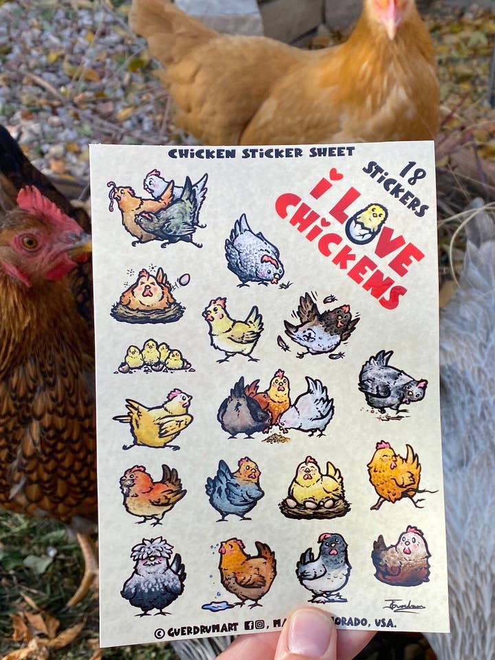 Chicken Sticker Sheet! 18 Cute And Fun Individual Stickers for wholesale by Guerdrum Art