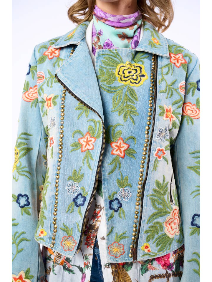 Lucinda Embroidered Denim Motorcycle Jacket for wholesale on Faire17
