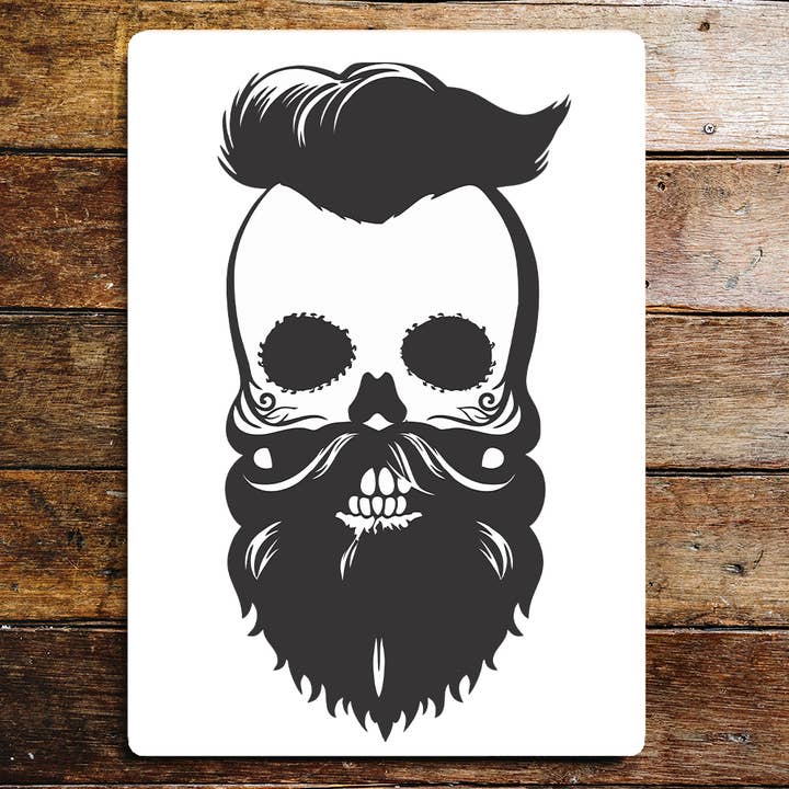 Hipster Skull Beard Moustache Quiff Hair- Metal Wall Sign for wholesale by The British Metal Signs Company