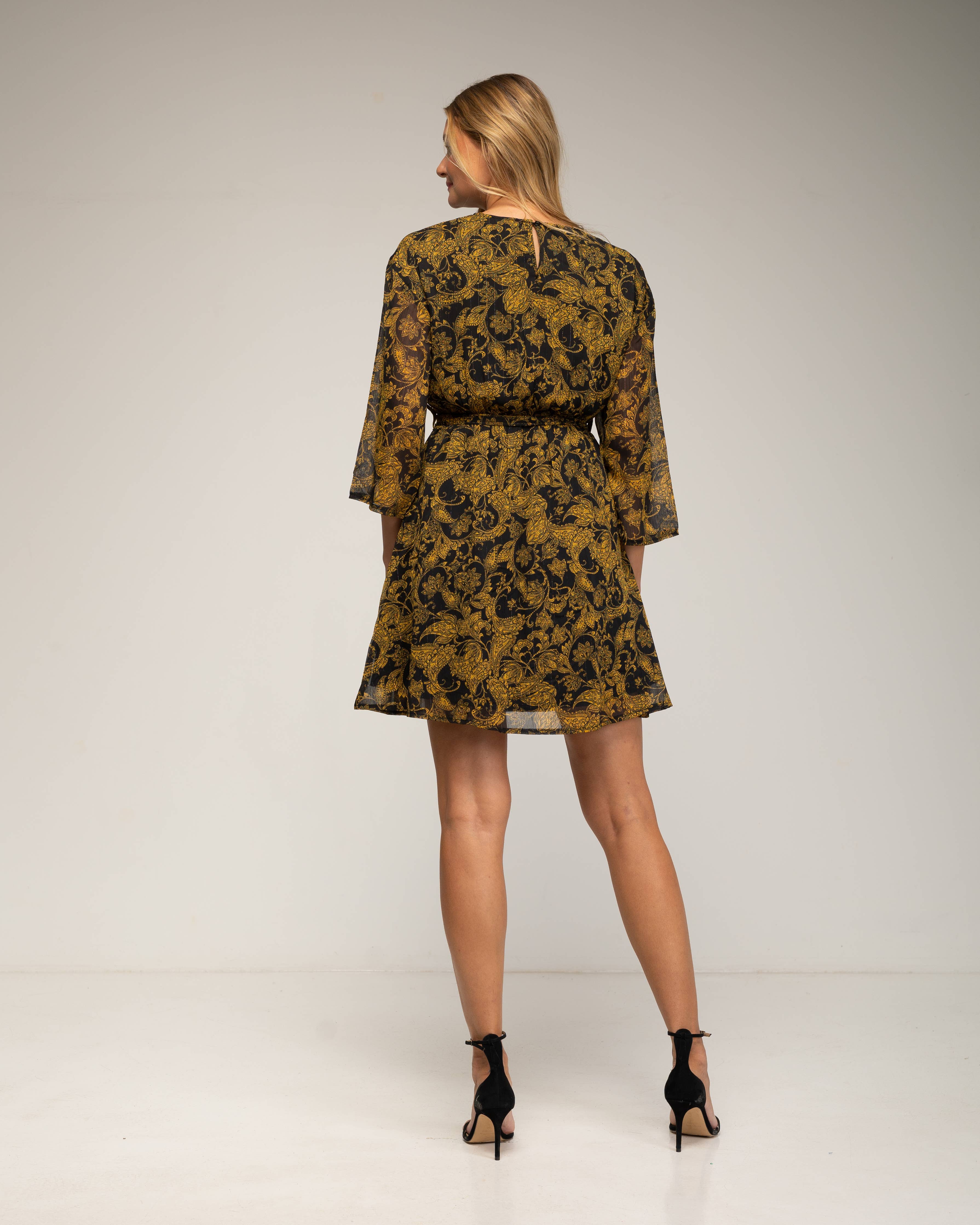 Black DRESS12350_Printed dress with belt. for wholesale on Faire1