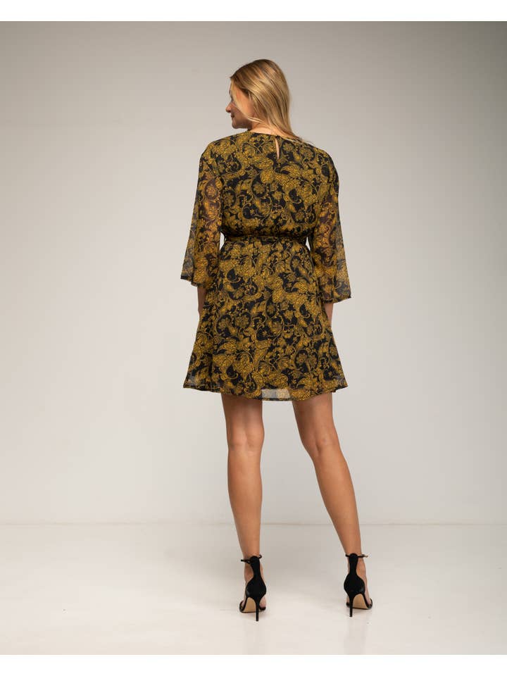 Black DRESS12350_Printed dress with belt. for wholesale on Faire1