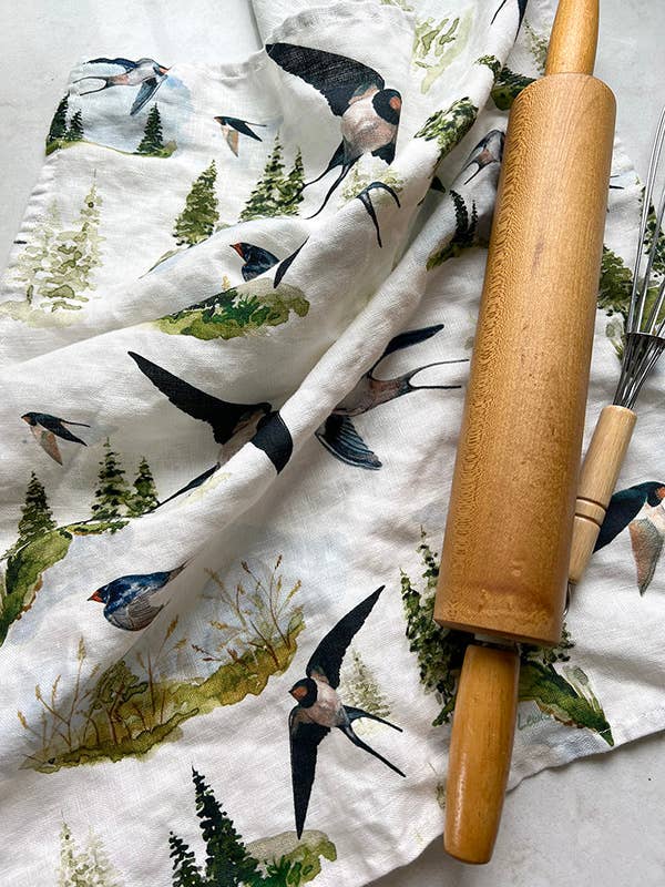 Kasey Melissa Art – wholesale Tea towel – Barn Swallow and Pines - Linen Tea Towel1