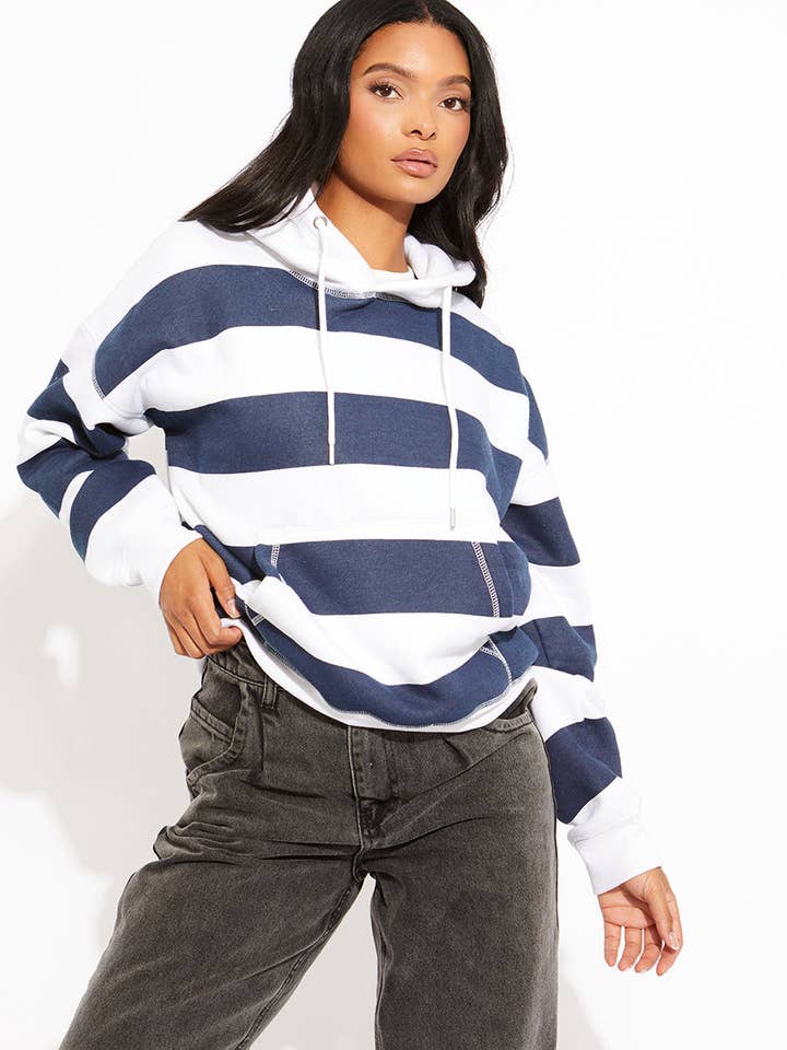 Navy Striped Oversized Drawstring Hoodie for wholesale on Faire