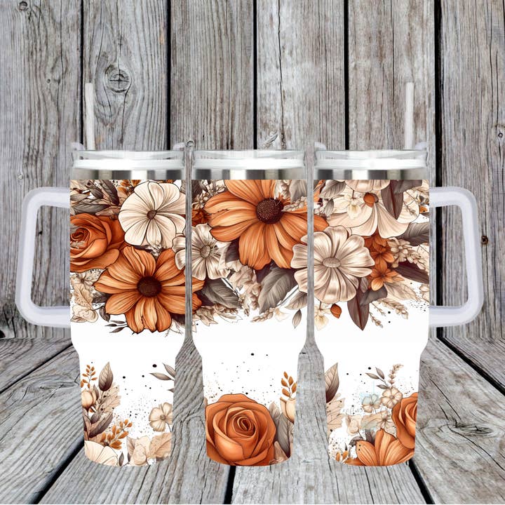Orange Floral 40 oz. Tumbler with Handle for wholesale by Crafting in Chaos